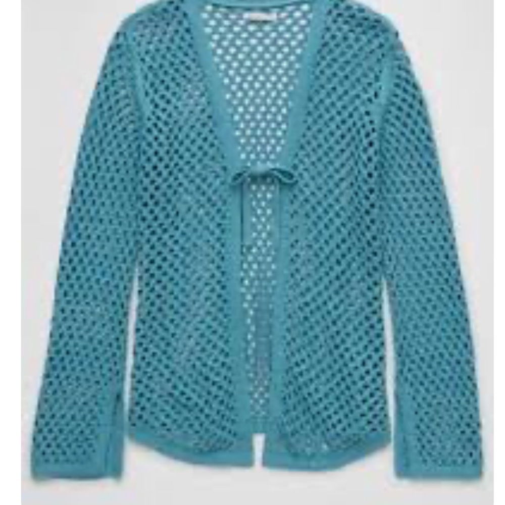 American Eagle Outfitters Teal Open-Knit Cardigan